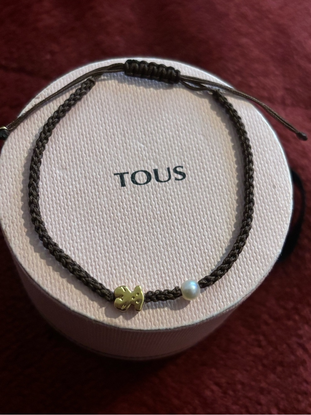 TOUS Brown Braided Cord Bracelet with 18k Gold Bear and White Pearl